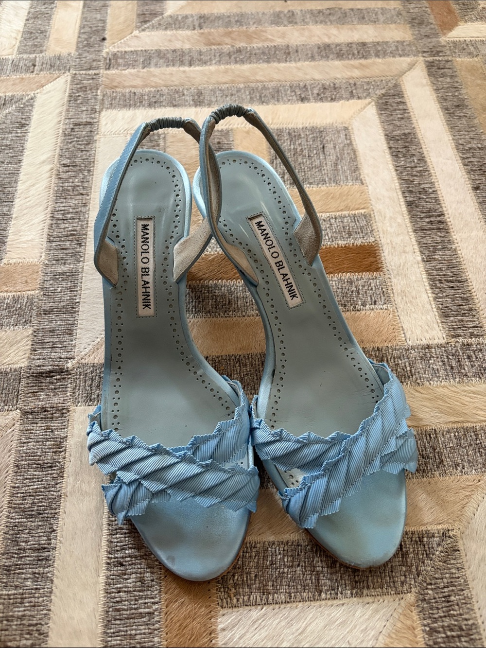Manolo Blahnik Light Blue Satin Slingback Pumps